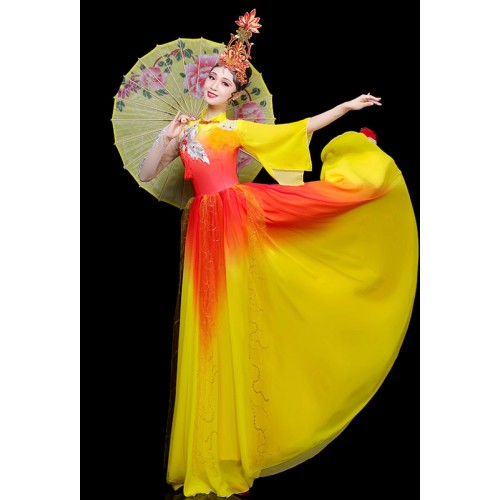 Women yellow with red chinese folk dance dresses flamenco spanish bull dance skirts stage opening chorus ballroom dance dresses